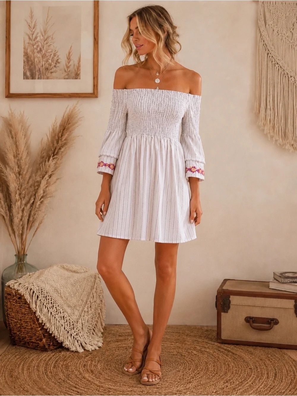 Mystree White Striped Off-Shoulder Mini Dress